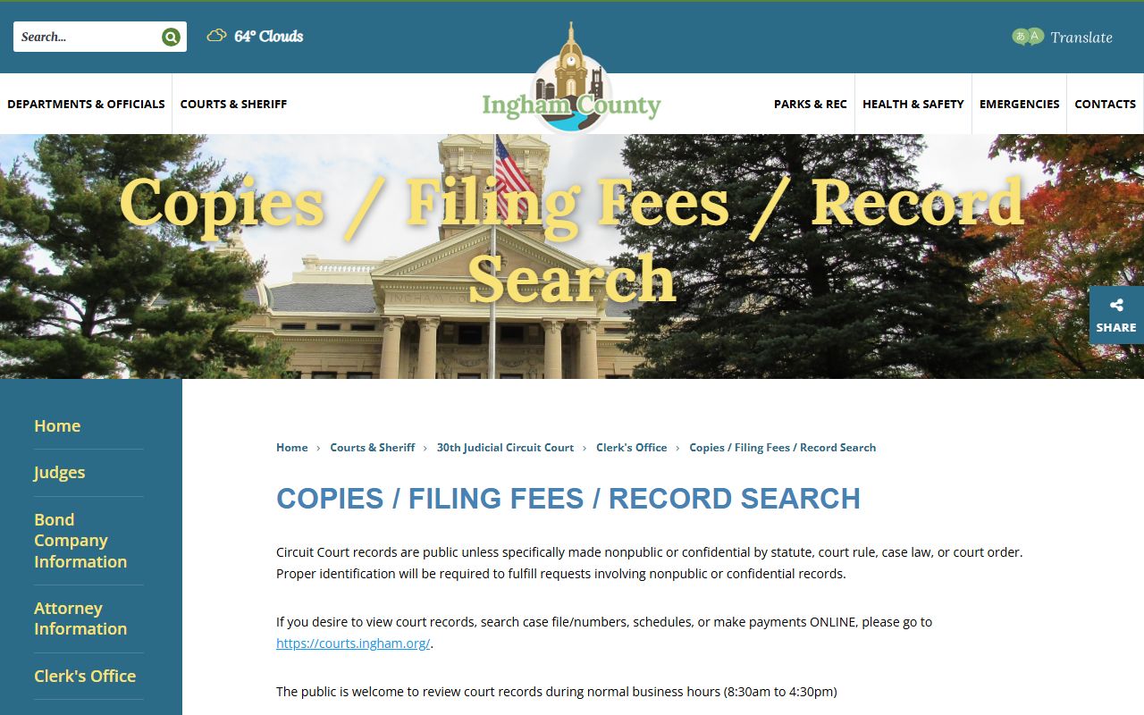 Ingham County court records copy and filing fee page