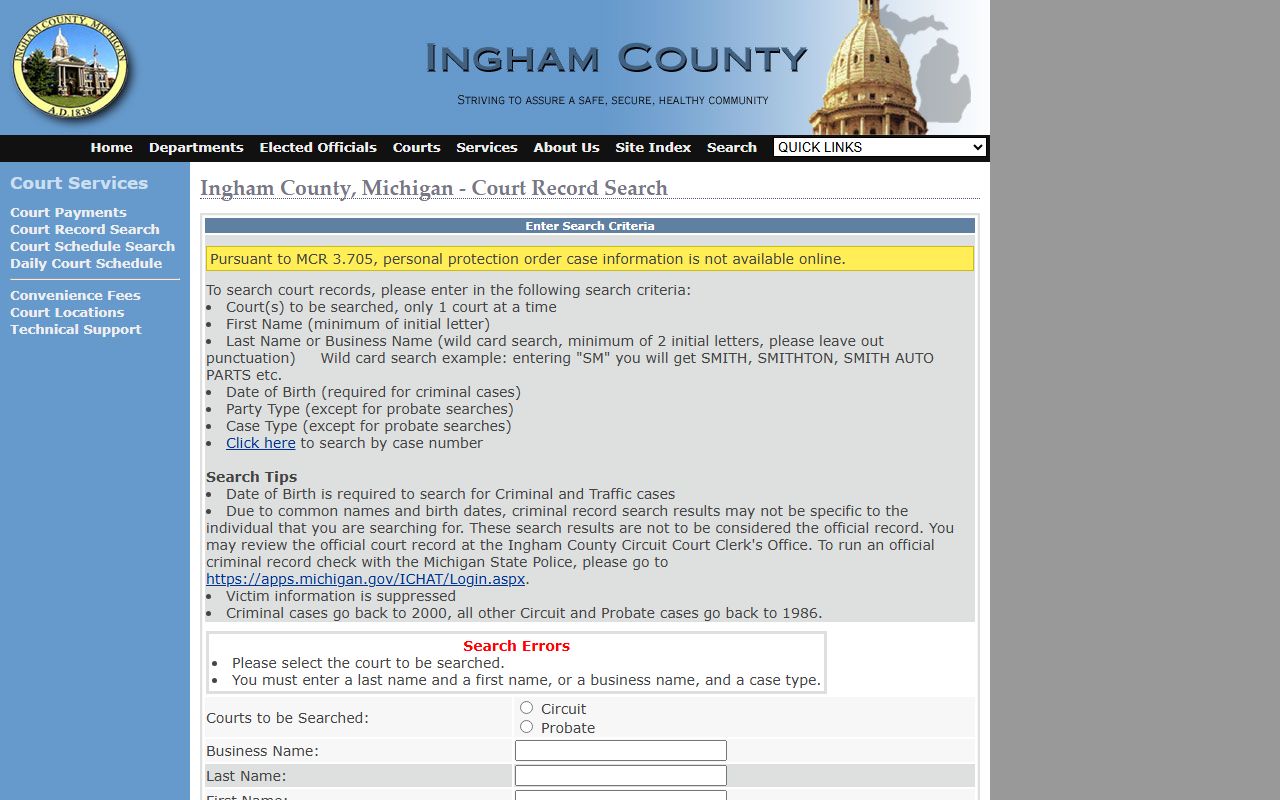 Ingham County court records search results screen
