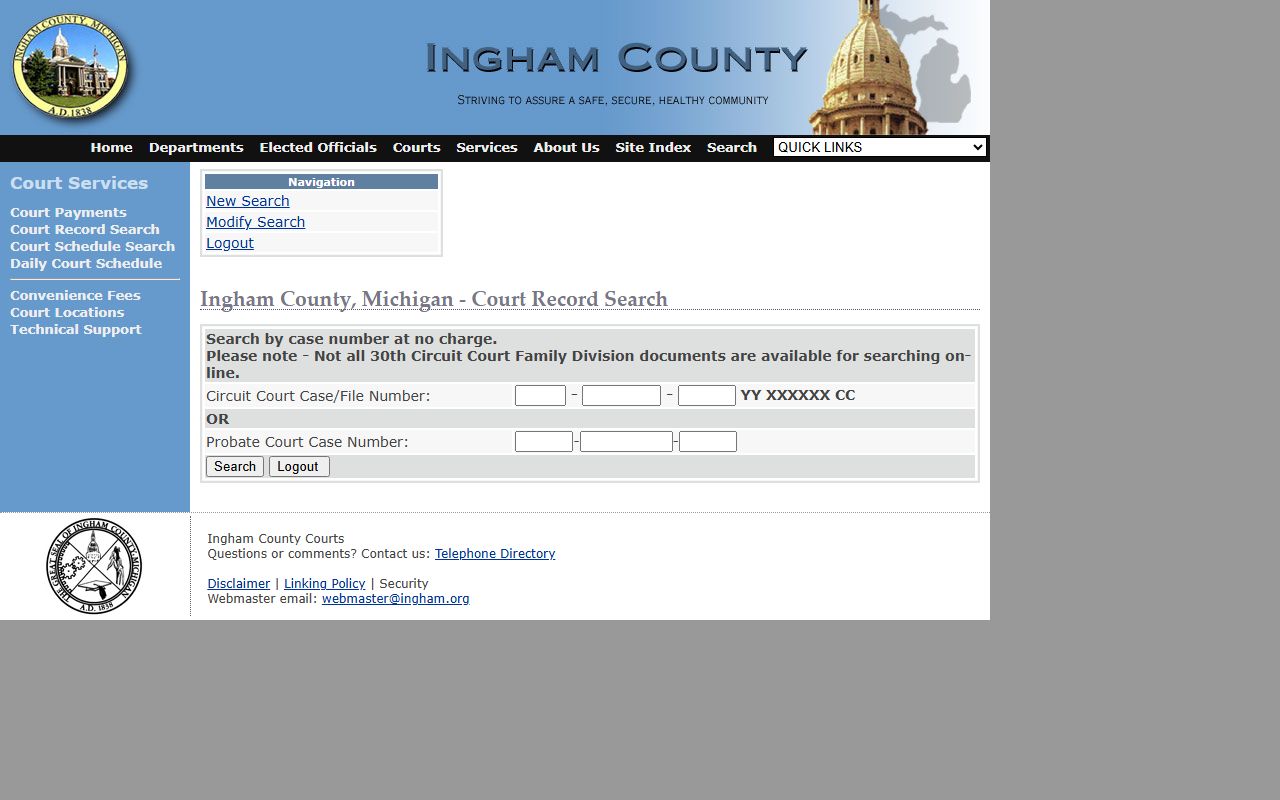 Ingham County court records search by case number page