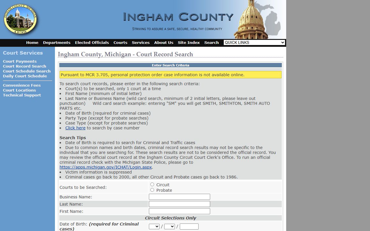 Ingham County court records new search reset page