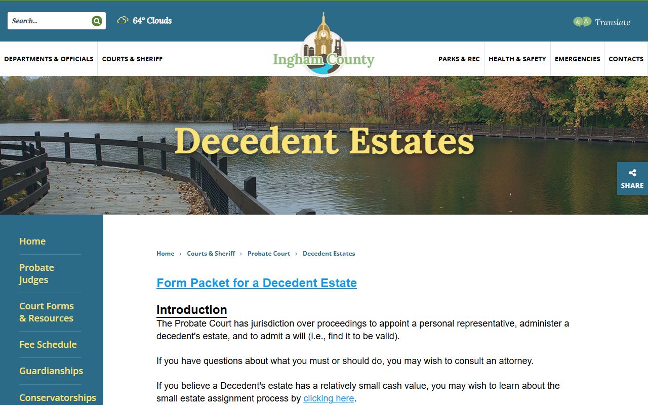 Ingham County probate records deceased estate court