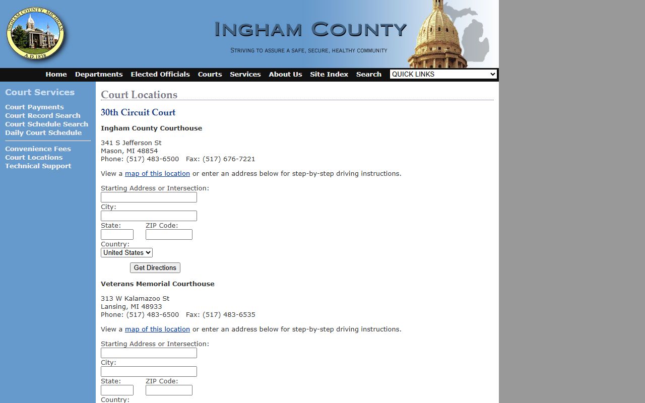 Ingham County court locations and phone directory for court records