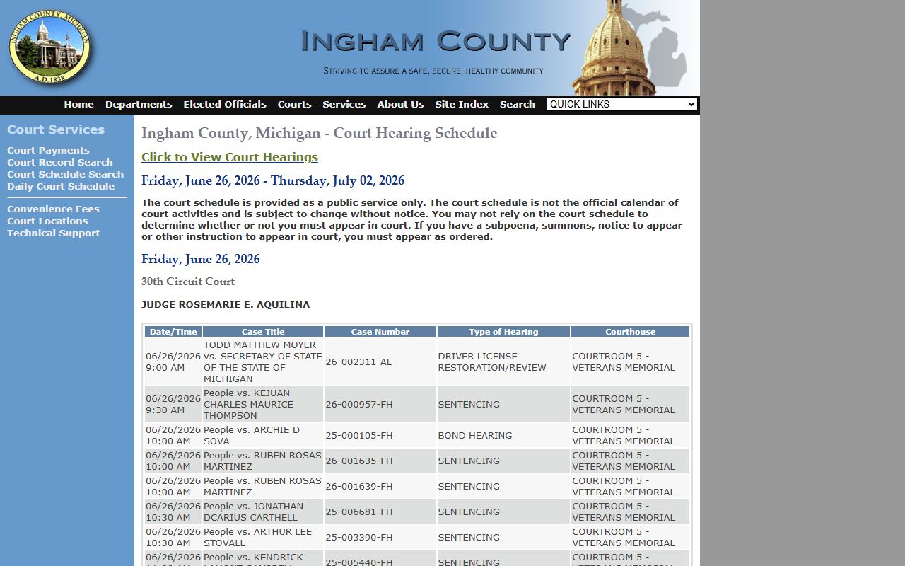 Ingham County public hearing schedule for court records and case dates